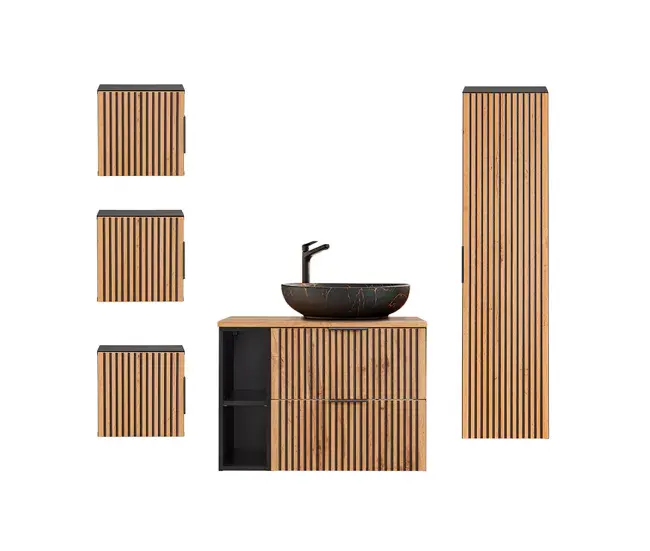 Conjunto de muebles con lavabo individual 80cm 2 compartimientos y 3 armarios de pared Gaia Madera y Negro - Lavabo Negr