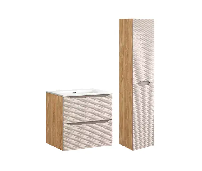 Conjunto de muebles con lavabo individual encastrado 60cm y columna Elora Beis y madera
