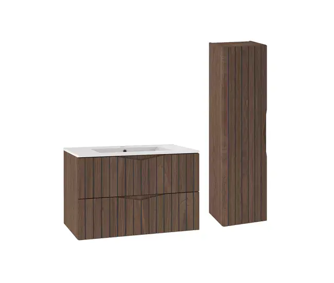 Conjunto de muebles con lavabo individual encastrado 80cm y columna Siena madera y negro | Resistente al Óxido |