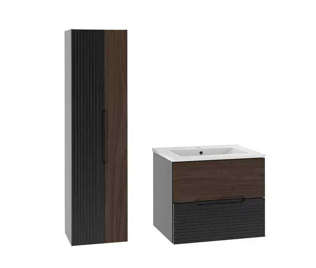 Conjunto de muebles con lavabo individual encastrado 60cm y columna Sylla Negro y madera con Sensor Táctil
