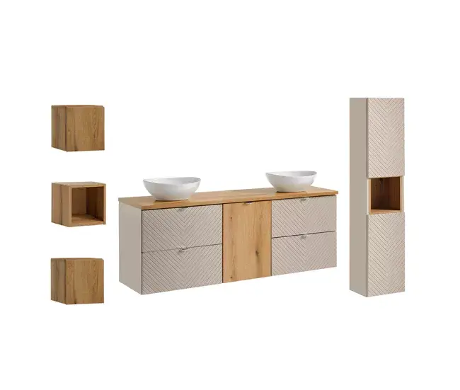 Conjunto de muebles doble lavabo 160cm columna y 3 armarios de pared Manoa Cachemira y madera
