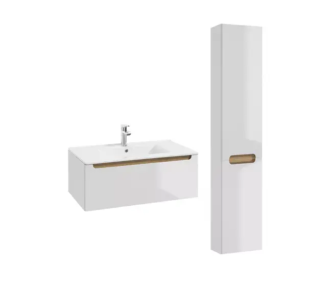 Dispensador de Jabón Conjunto de muebles con lavabo individual encastrado 80cm 1 cajón y columna Livia Blanco y Madera