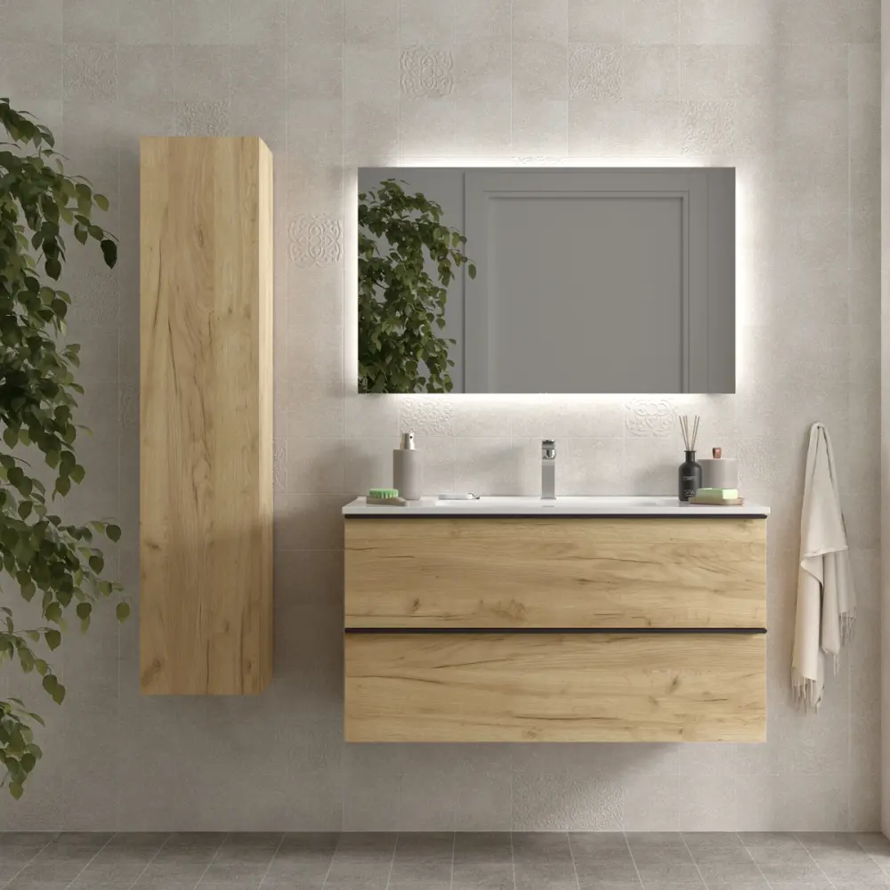 Dispensador de Jabón Mueble baño nabua 100 cm roble con tirador de pestañ | lavabo