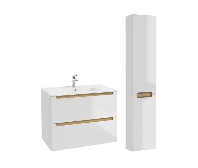 Espejo con Luz Conjunto de muebles con lavabo individual encastrado 80cm 2 cajones y columna Livia Blanco y Madera