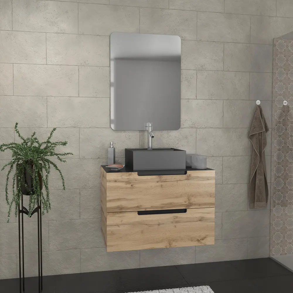 Estante de Ducha Mueble de baño 80 cm 2 cajones - roble y negro-lavabo cuadrado-espejo 60x80