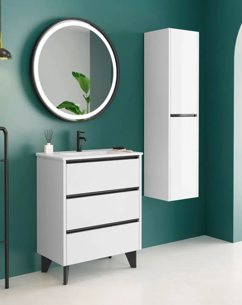 Estante de Ducha Mueble de baño al suelo con lavabo cerámico | 100 cm - blanco negro