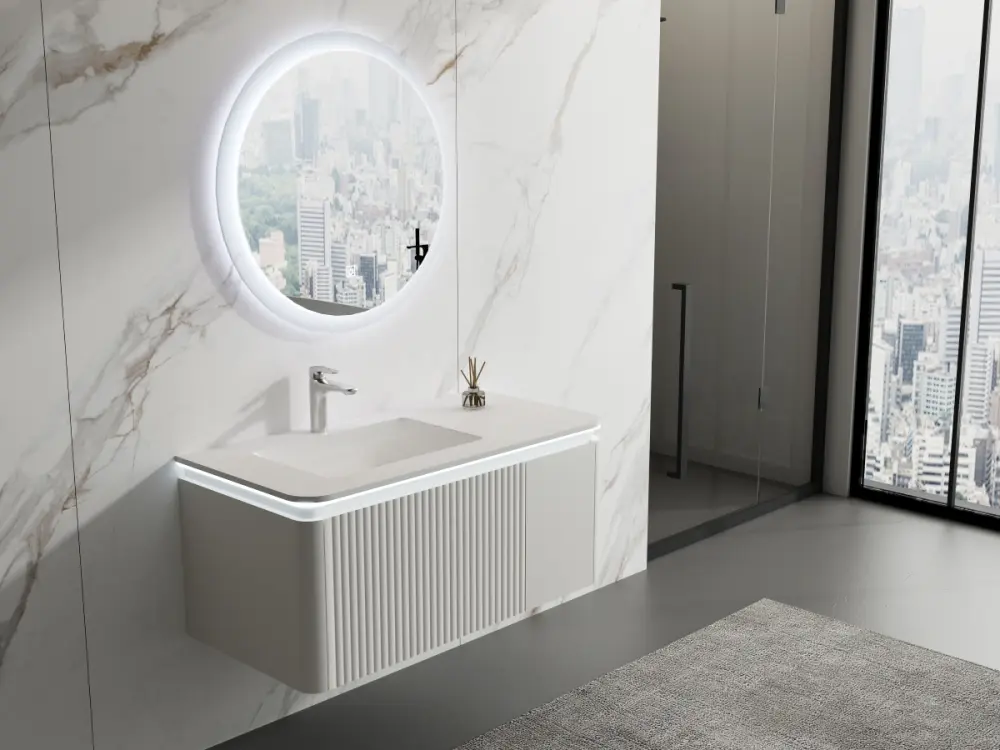 Gancho de Toalla Conjunto mueble Tiberwolf, lavabo en resina y espejo LED 100x50x50