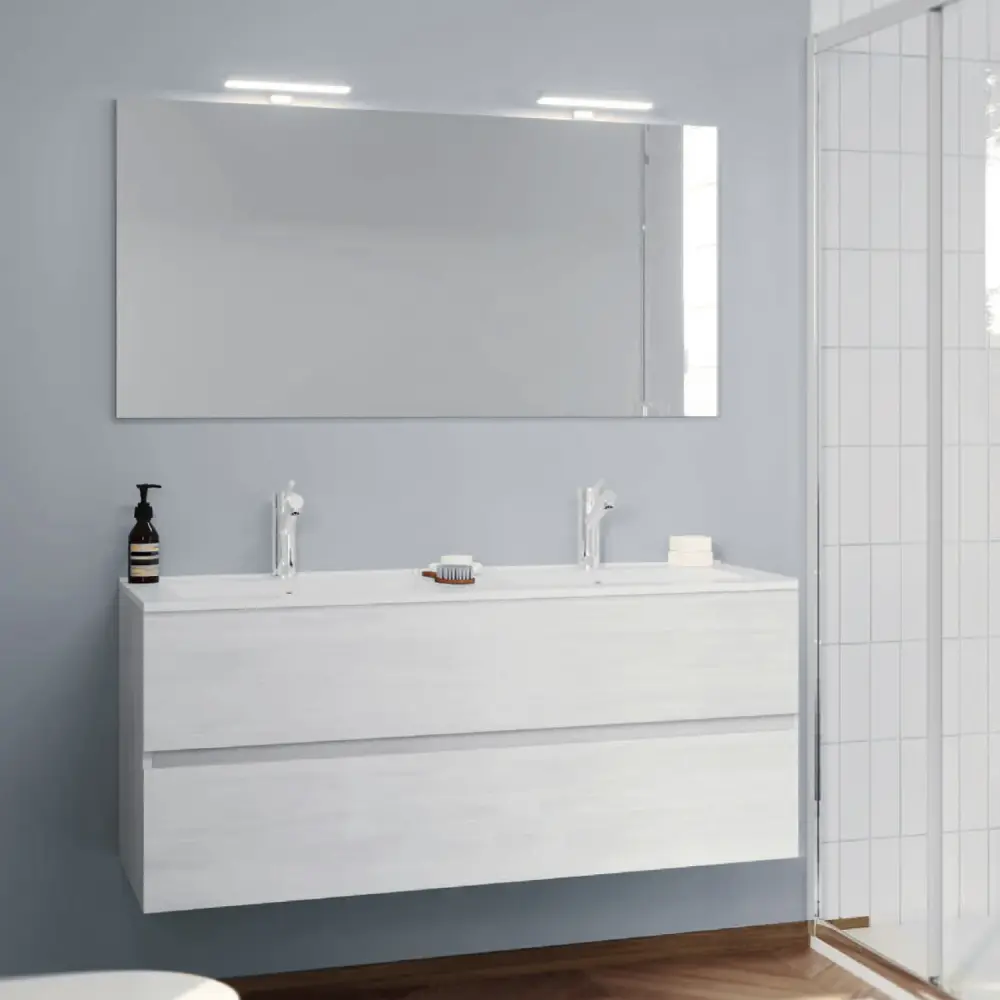 Mobile bagno con doppio lavabo ceramica specchio e lampade cm 120 colore Rovere Bianco- Cubi&Co modello Symmetry Eterno 5
