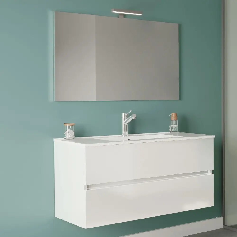 Mobile bagno con lavabo ceramica specchio e lampada cm 90 colore Bianco Lucido- Cubi&Co modello Symmetry Icónico 3