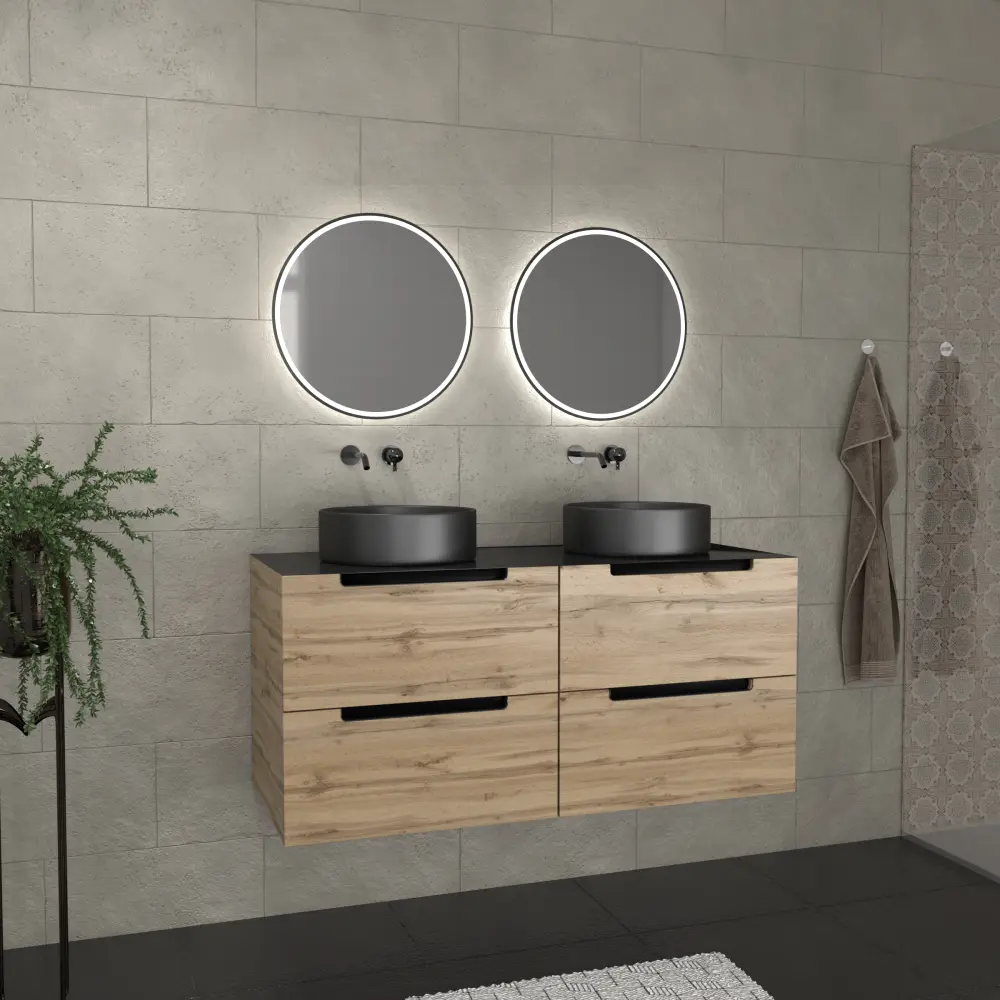 Mueble de baño 120cm roble y negro, lavabos redondos ø36cm y espejos azabache