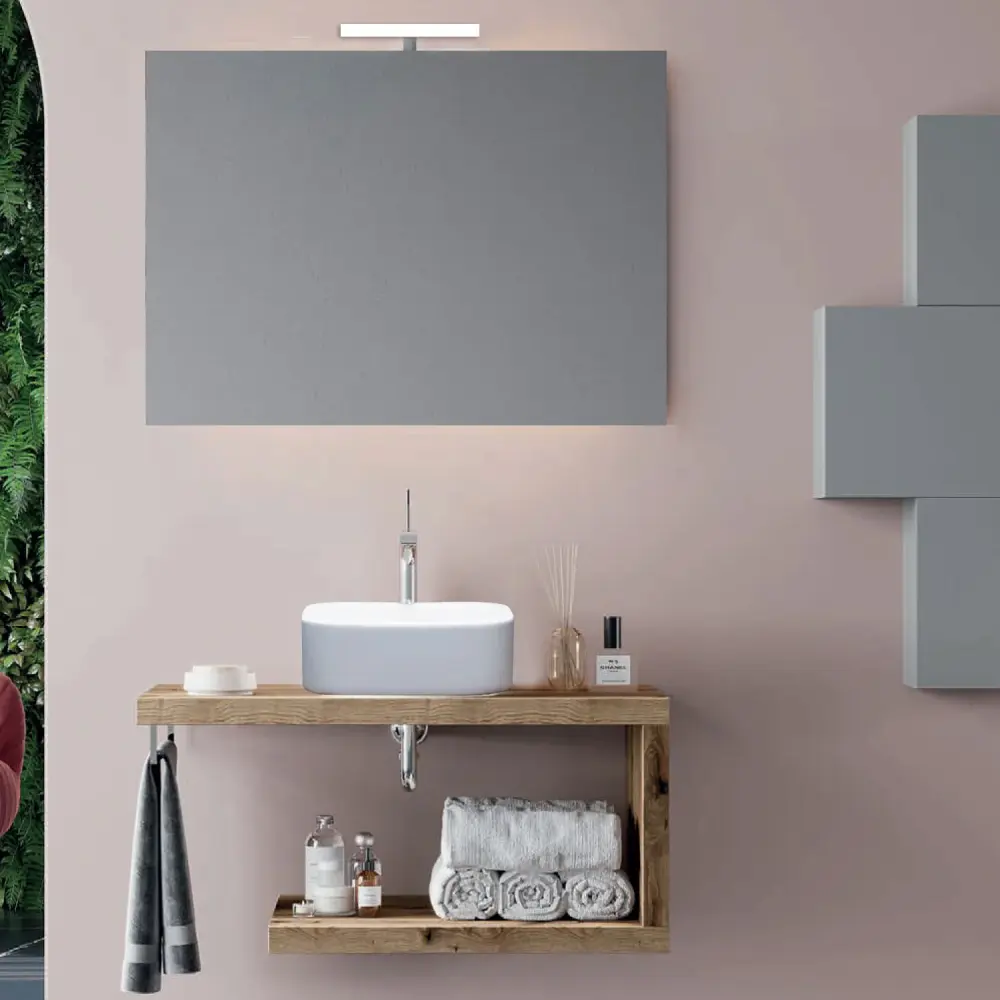 Mueble de baño abierto con lavabo de apoyo en cerámica cm 80 roble original - Cubi&Co modelo Destiny con espejo y lámpara