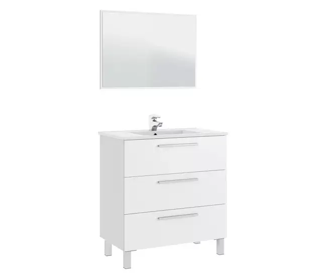 Mueble baño Alise 3 cajones espejo, sin lavabo, Blanco brillo