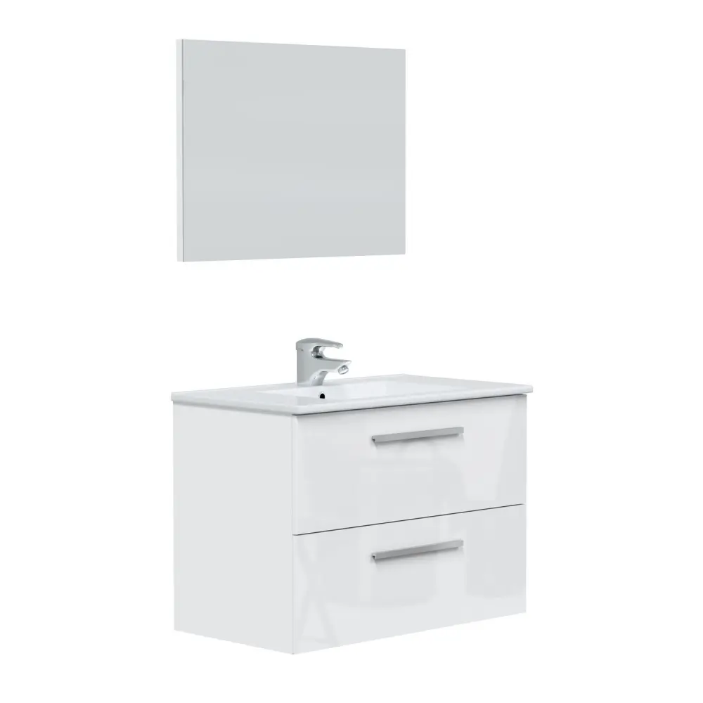 Mueble de baño axel 2 cajones, espejo y con lavabo, color blanco brillo con Luz LED