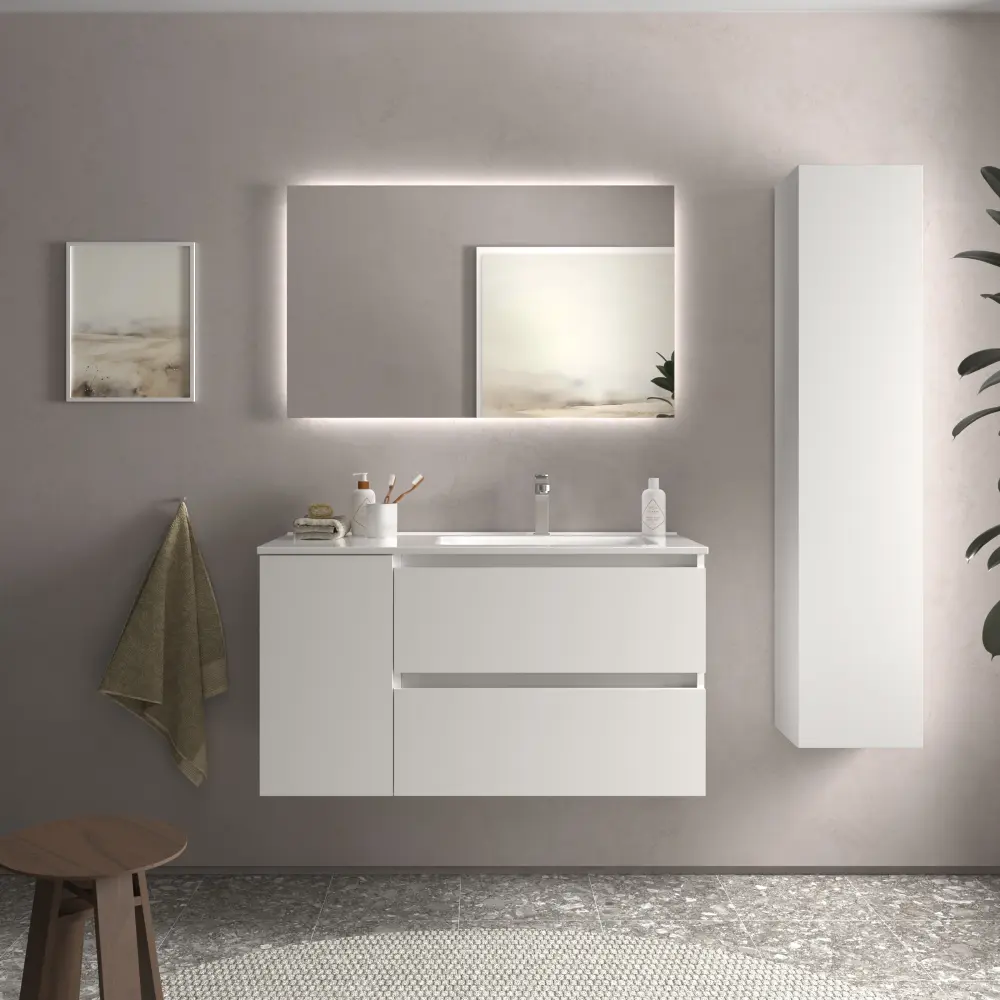 Mueble baño bequia 100cm + coqueta izquierda + lavabo cerámica| blanco