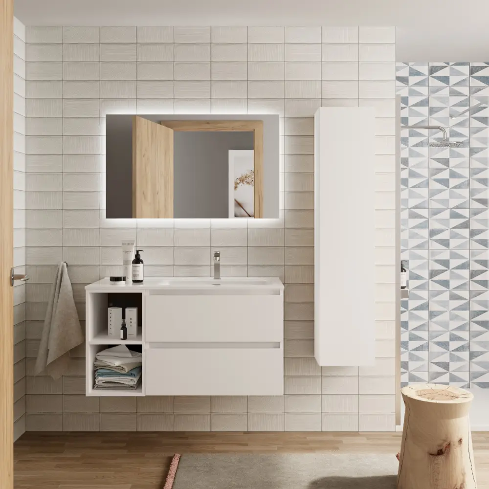 Mueble baño bequia 100cm + coqueta izquierda + lavabo cerámica| blanco