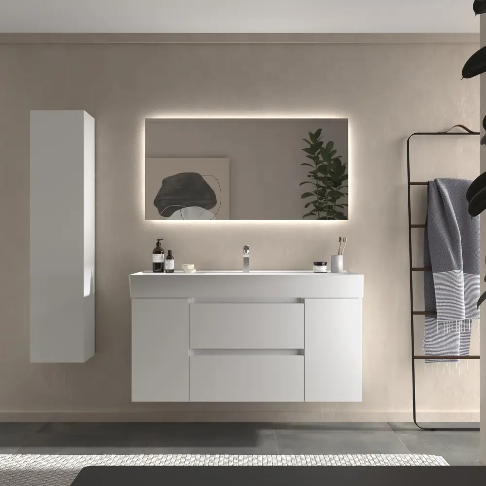 Mueble baño bequia 120cm + coqueta centrado + lavabo cerámica| blanco