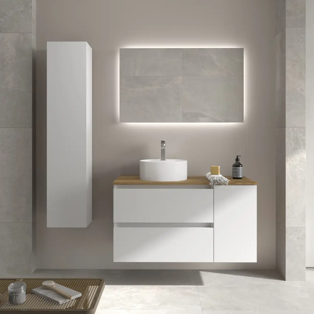 Mueble baño bequia 90cm + coqueta invertible + encimera + lavabo | blanco