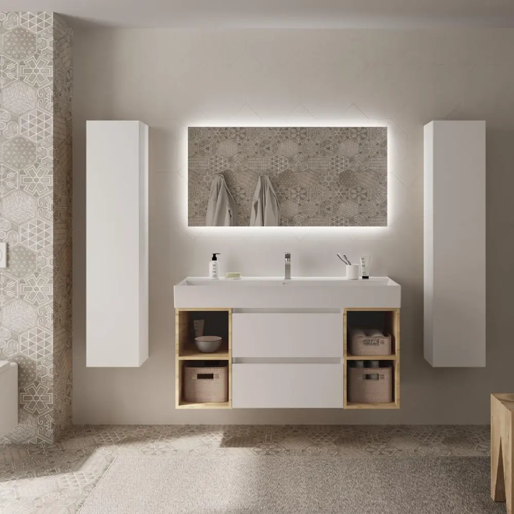 Mueble baño bequia plus 120 cm blanco y 2 coquetas laterales roble+lavabo