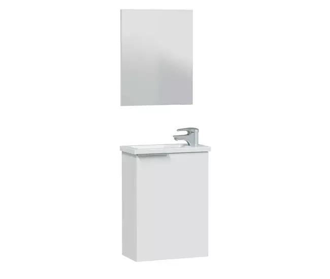 Mueble baño Elsa 1 puerta, espejo y lavabo, Blanco brillo de Acero Inoxidable
