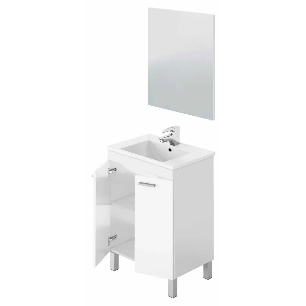 Mueble baño LC1-60 2 puertas + espejo + lavabo blanco brillo 80x60x45 cm con Ventosa de Succión