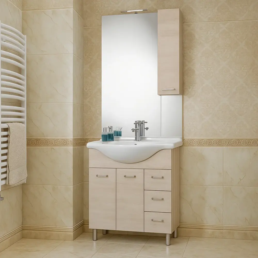 Mueble de baño modelo Arianna con base 2 puertas + Lavabo 75 + Espejo acabado Olmo Blanco