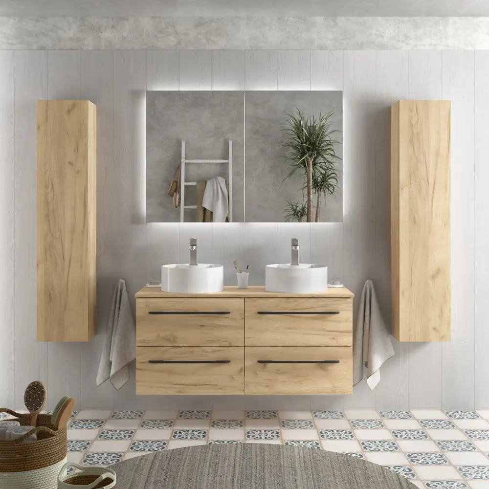 Mueble baño morai 120 cm roble con tirador negro | lavabo +encimera