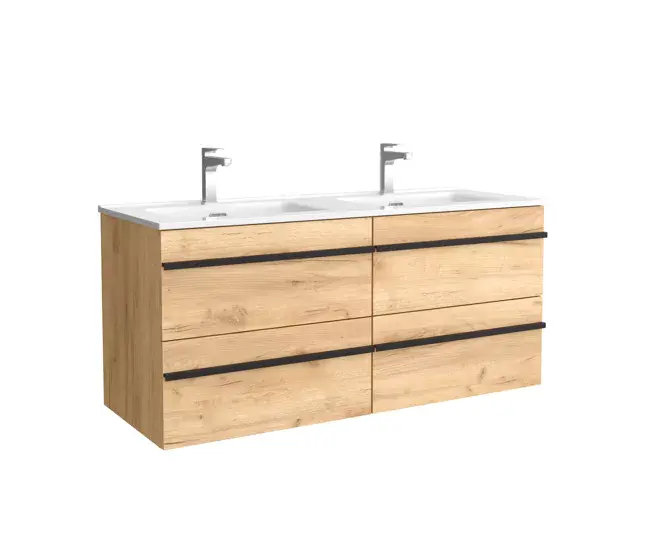 Mueble de baño serie BORN 120 cm Roble con perfil de tirador | Lavabo de porcelana | Salgar