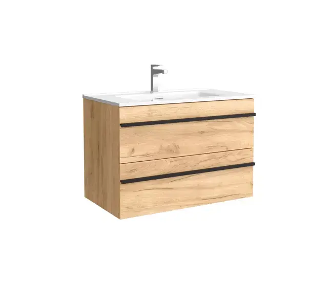 Mueble de baño serie BORN 80 cm Roble con perfil de tirador | Lavabo de porcelana | Salgar con Luz LED