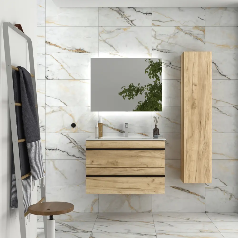 Mueble baño serie born 80 cm roble con tirador | lavabo | Instalación Rápida y Fácil