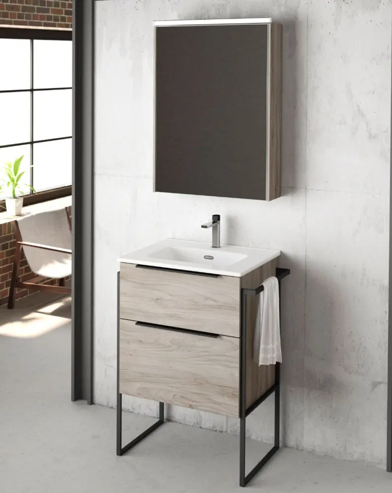 Mueble de baño al suelo con lavabo cerámico | 100 cm - pino gris