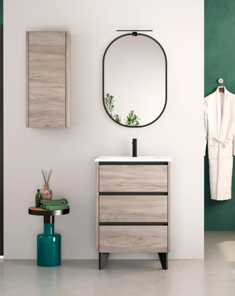 Mueble de baño al suelo con lavabo cerámico | 80 cm - pino gris negro