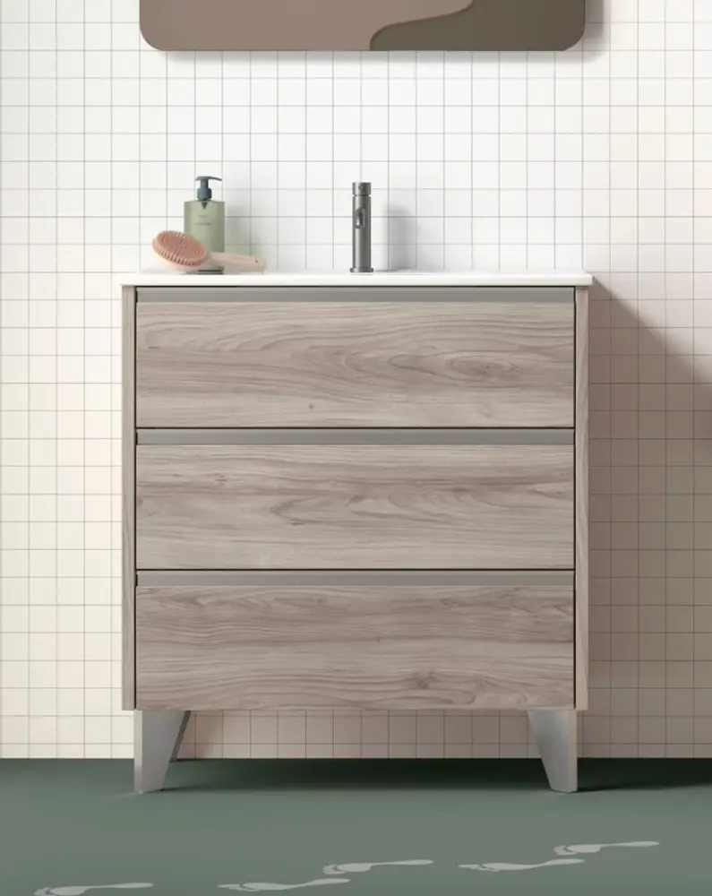 Mueble de baño al suelo con lavabo cerámico | 80 cm - pino gris