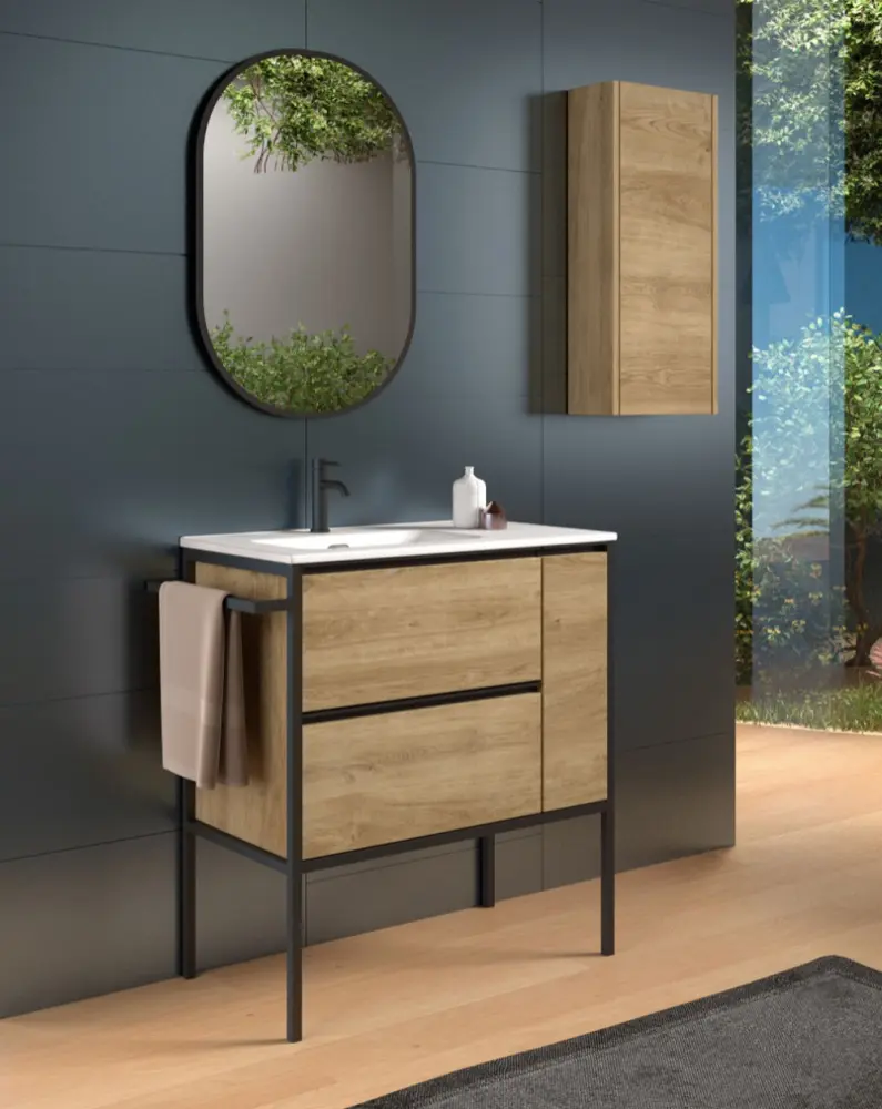 Mueble baño al suelo con lavabo cerámico |roble puro negro 100cm
