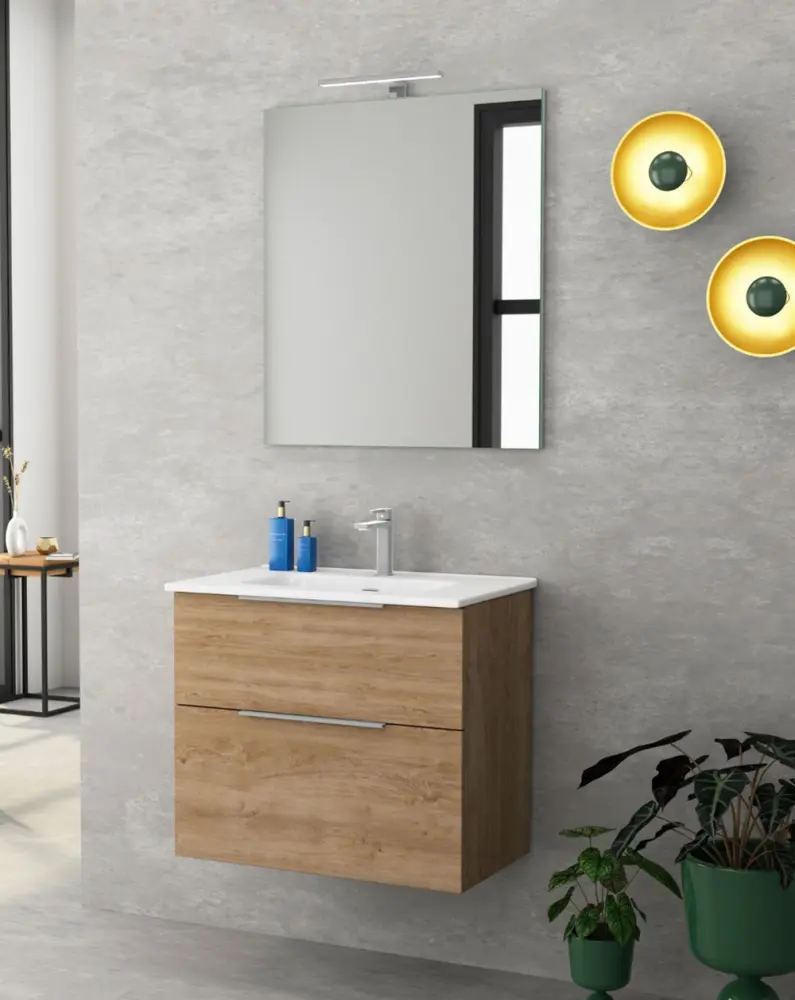Mueble de baño suspendido con lavabo cerámico | 80 cm - roble genuino