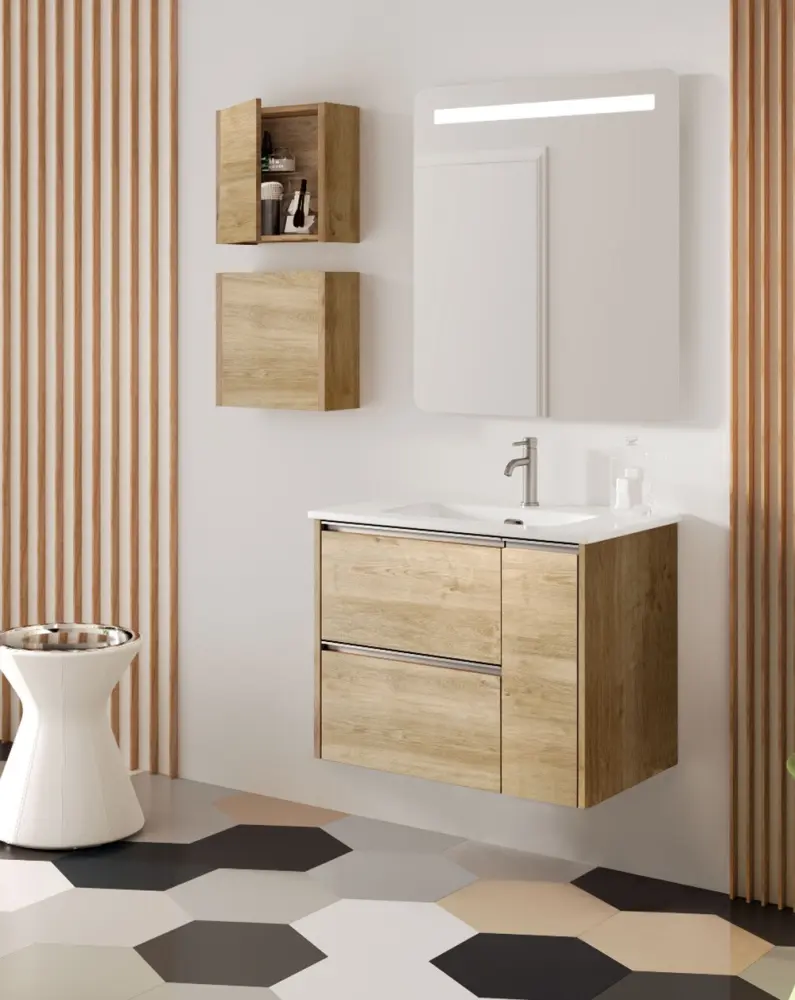 Mueble de baño suspendido con lavabo cerámico | 80 cm - roble auténtico