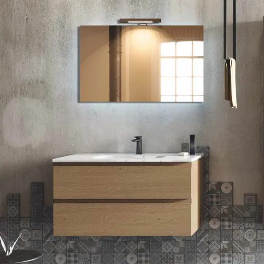 Mueble de baño suspendido modelo Mirò de 100 cm acabado hacney con lavabo de cerámica, espejo y lámpara