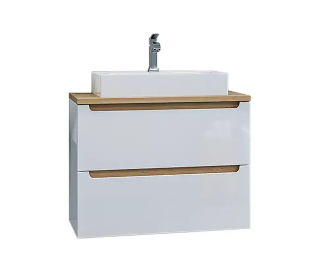 Mueble lavabo individual 80cm 2 cajones Livia Blanco y Madera Set de 4 Piezas