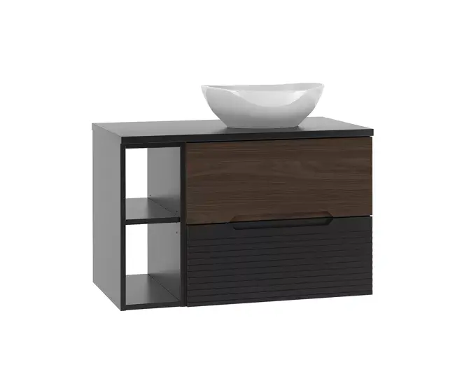 Mueble lavabo individual 80cm compartimiento Sylla Negro y madera