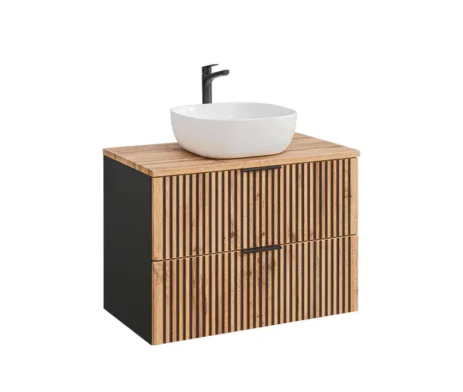 Mueble lavabo individual 80cm Gaia Madera y Negro Set de 4 Piezas