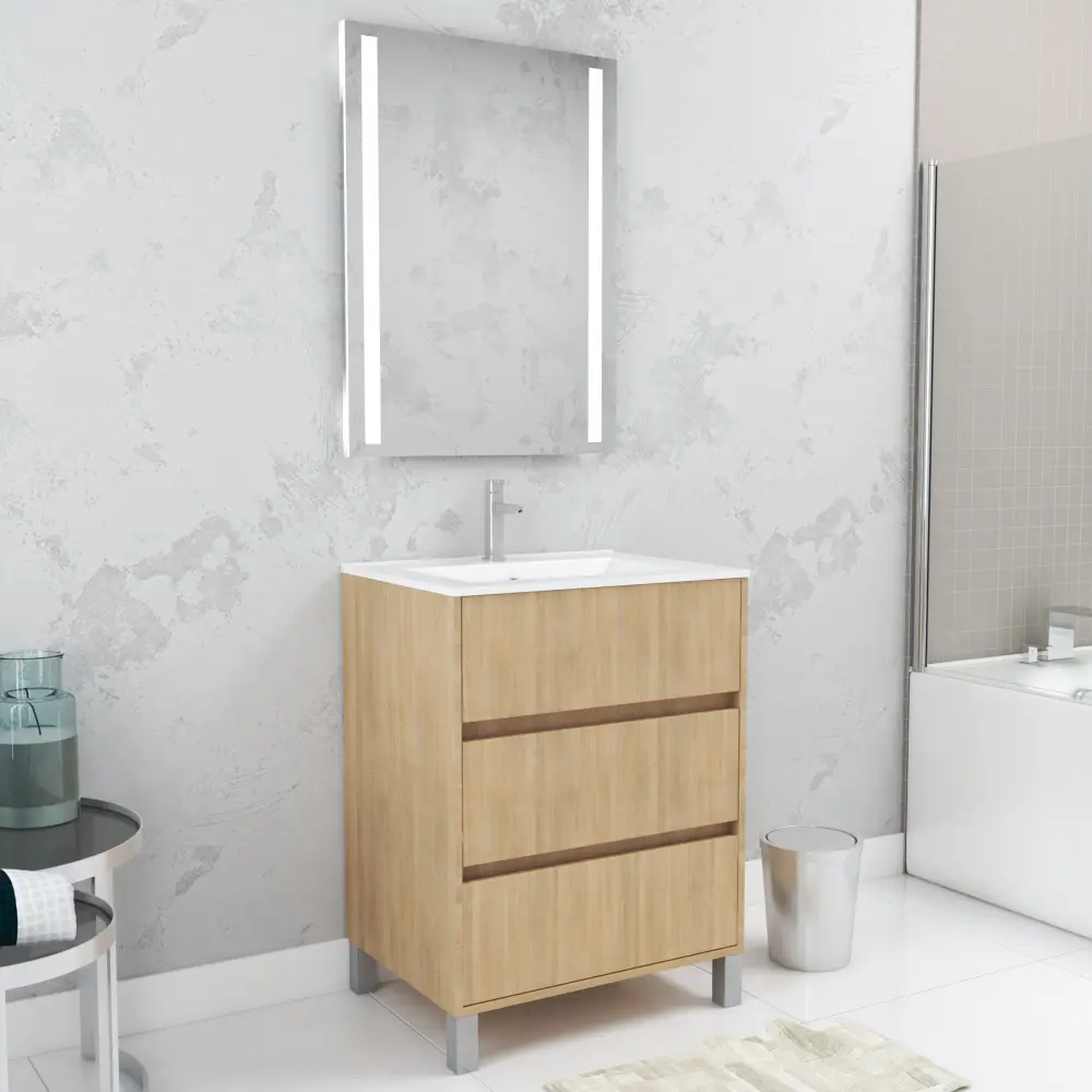 Pack mueble de baño 60cm roble definido 3 cajones, lavabo, espejo 60x80 con l