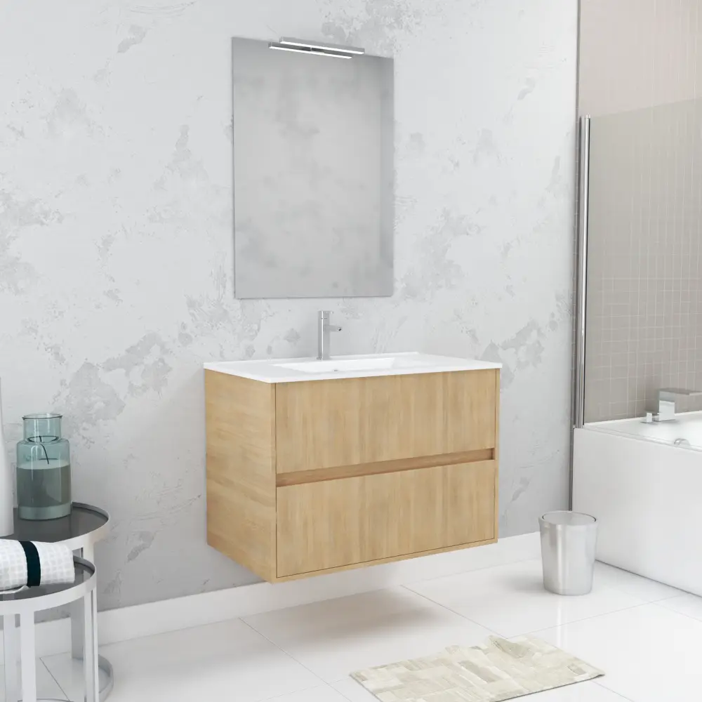 Pack mueble de baño 80 cm roble obvio 2 cajones, lavabo, espejo 60x80 y apl
