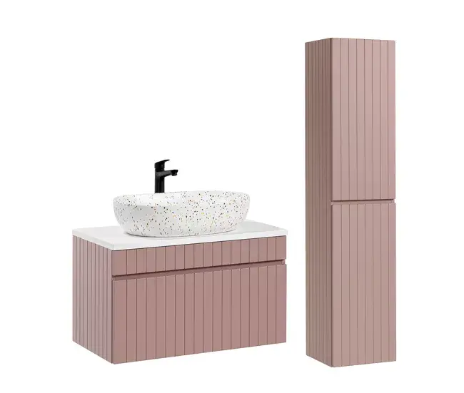 Perchero de Pared Conjunto mueble lavabo individual 80cm y columna Zelie Rosado y Blanco
