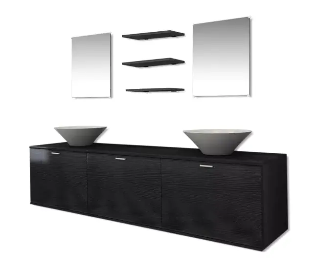 vidaXL Conjunto de muebles de baño y lavabo 8 piezas negro para Baño Completo