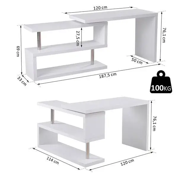 Certificado OEM Escritorio Homcom multiforma giratorio 360º con estantes blanco