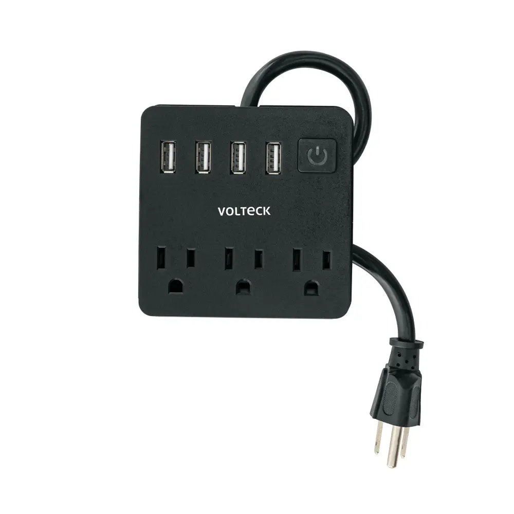 Juego de Multicontacto 16 AWG doméstico, 3 entradas 4 ptos USB, negro