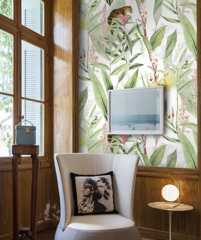 Papel pintado selva tropical verde y blanco chic Wallpapers4beginners