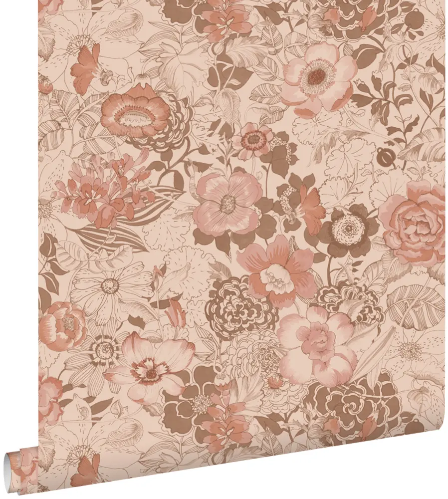 Estahome papel pintado flores nostálgico rosa terracota - 50 x 900 cm - 139766
