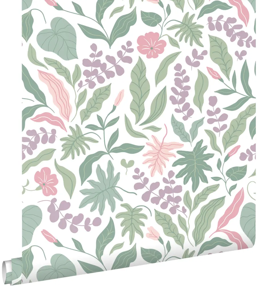 Estahome papel pintado hojas y flores morado, rosa y verde - 50 x 900 cm