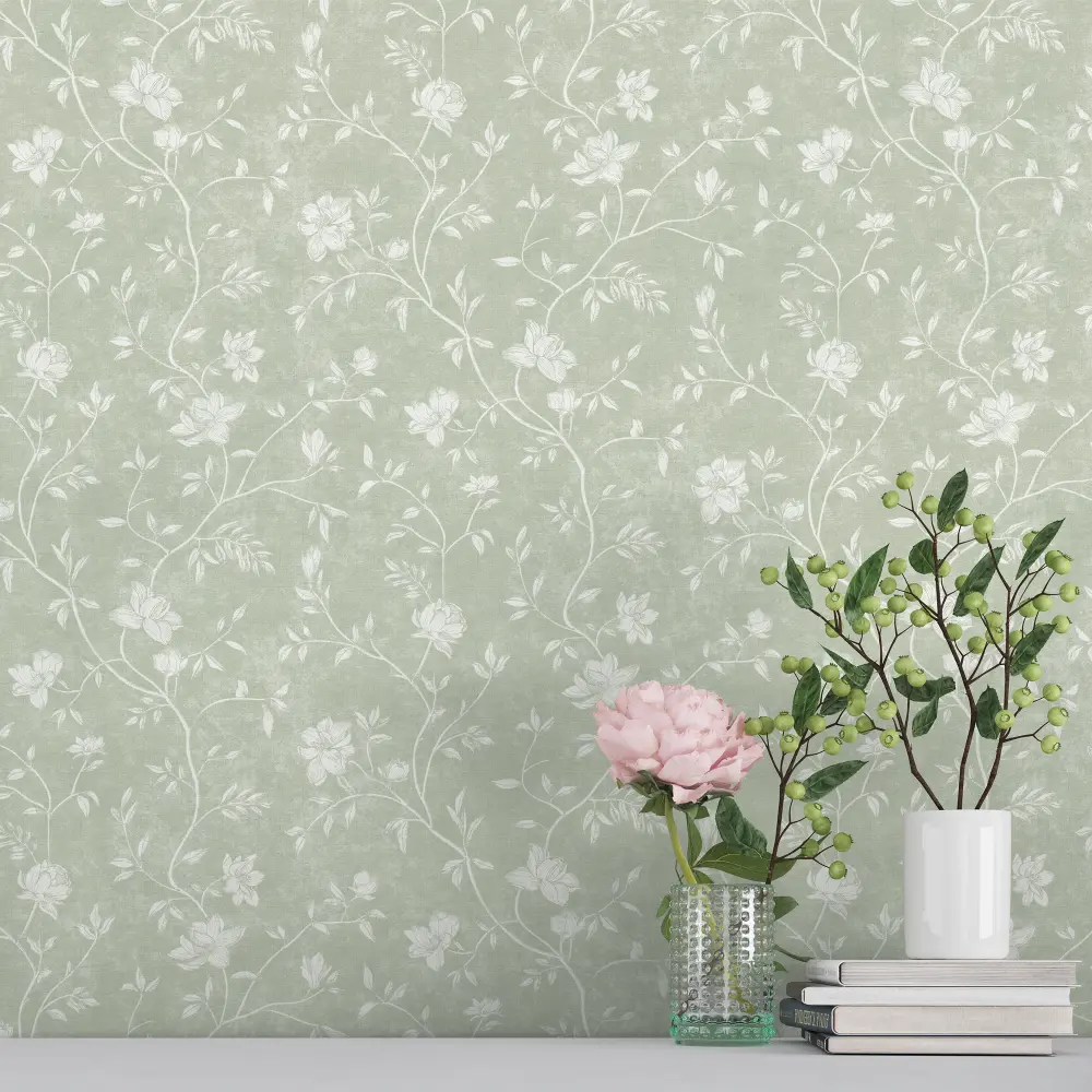 Papel pintado tnt autoadhesivo magnolia verde 53x600 cm