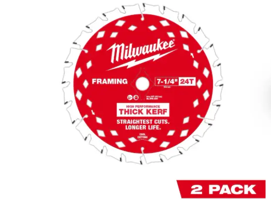 Hoja de sierra circular para enmarcado de calado espeso de 7-1/4" y 24 T (paquete de 2 unidades)